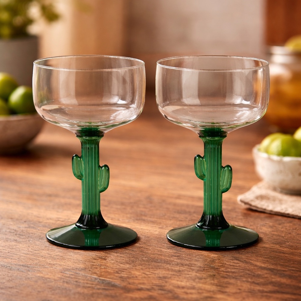 Green Cactus Stem Margarita Glasses - (Set of 2)